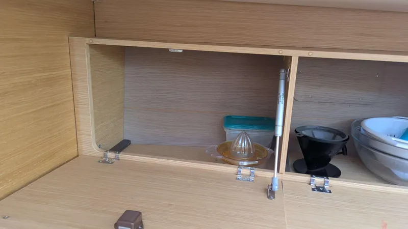 Nevis Yacht Photos Pics Wooden cabinet interior on a 2017 Dufour 460 Grand Large yacht.