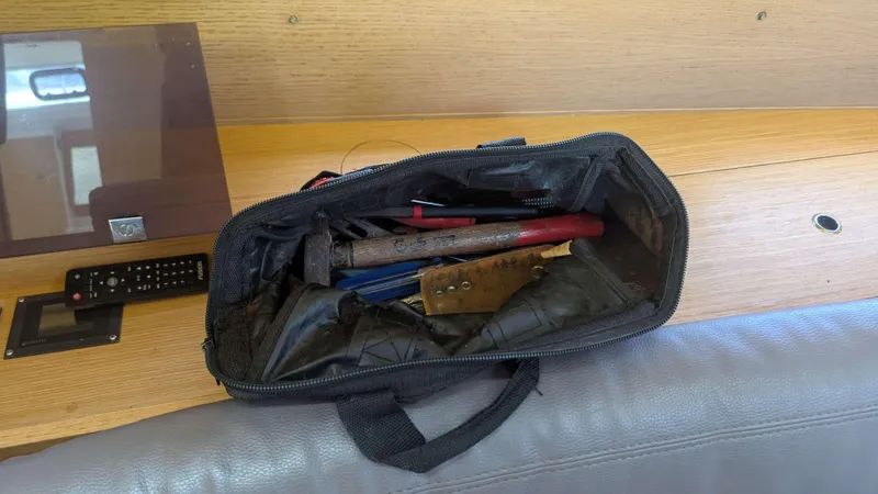 Nevis Yacht Photos Pics Tool bag with various tools on a Dufour 460 Grand Large yacht, 2017 model.