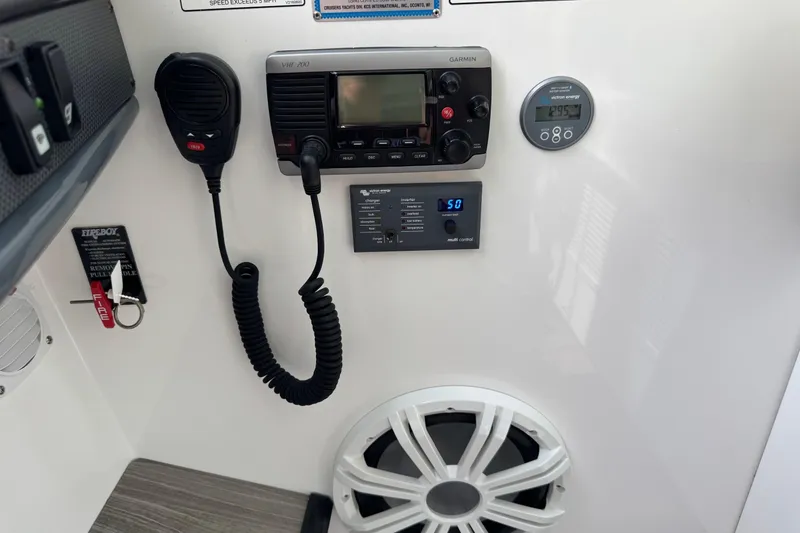  Yacht Photos Pics Control panel of 2017 Cruisers Yachts 45 Cantius with Garmin VHF radio and speaker.