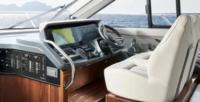  Yacht Photos Pics Luxurious 2024 Princess F50 yacht cockpit with advanced navigation system and elegant interior design.