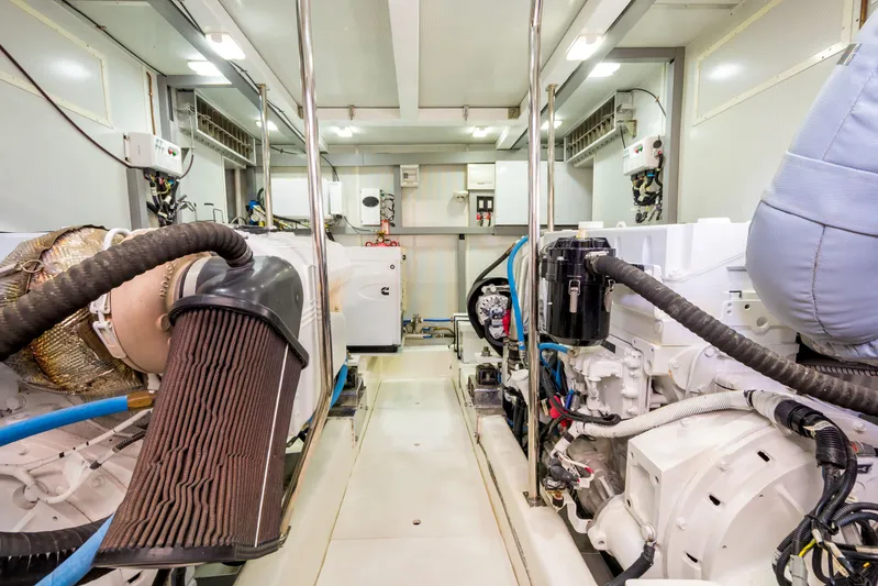  Yacht Photos Pics Engine room of 2026 Alaska 59 Sedan, showcasing mechanical components and systems.