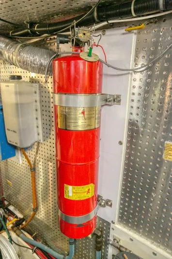 The Cotton Picker Yacht Photos Pics Fire extinguisher in Ocean Alexander 610 Pilothouse engine room, 2000 model.