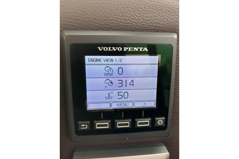 "salt Shaker" Yacht Photos Pics Volvo Penta engine display on 2013 Cutwater C-28 boat, showing RPM and temperature.