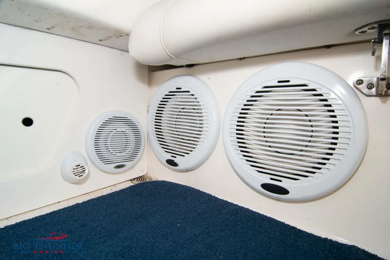  Yacht Photos Pics 2005 Fountain 42 Executioner boat interior speakers and blue carpet.