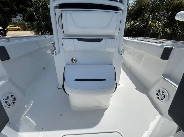  Yacht Photos Pics 2021 Blackfin 252 CC boat interior with white seating and sleek design.