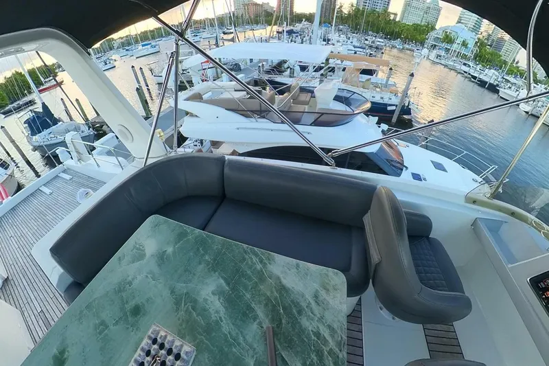 Balena Yacht Photos Pics Luxurious 2015 Beneteau Swift Trawler 50 yacht interior with marina view.