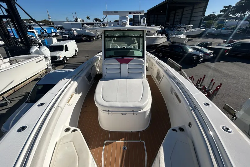 Tt Virtue Yacht Photos Pics 2012 Boston Whaler 370 Outrage boat interior with seating and deck view.