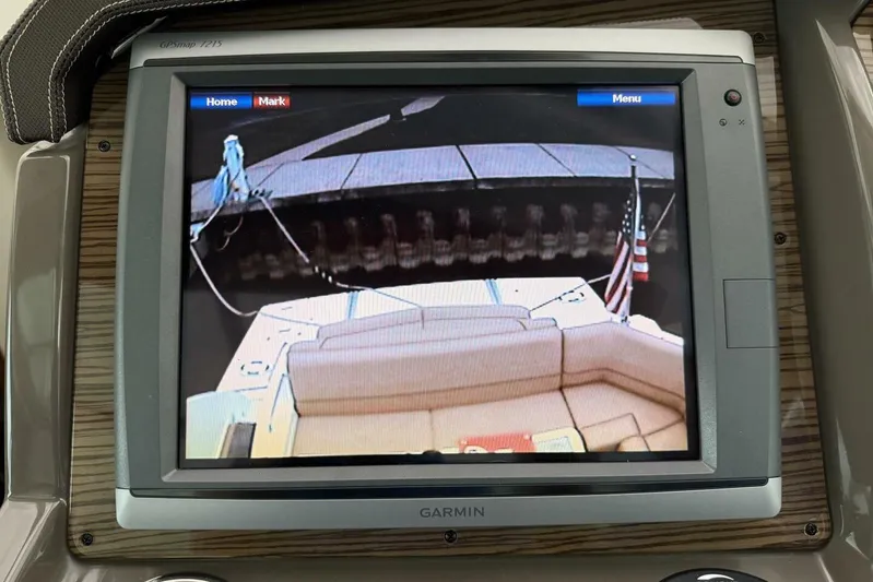  Yacht Photos Pics Garmin GPS display on 2013 Cruisers Yachts Cantius, showing rear view with American flag.