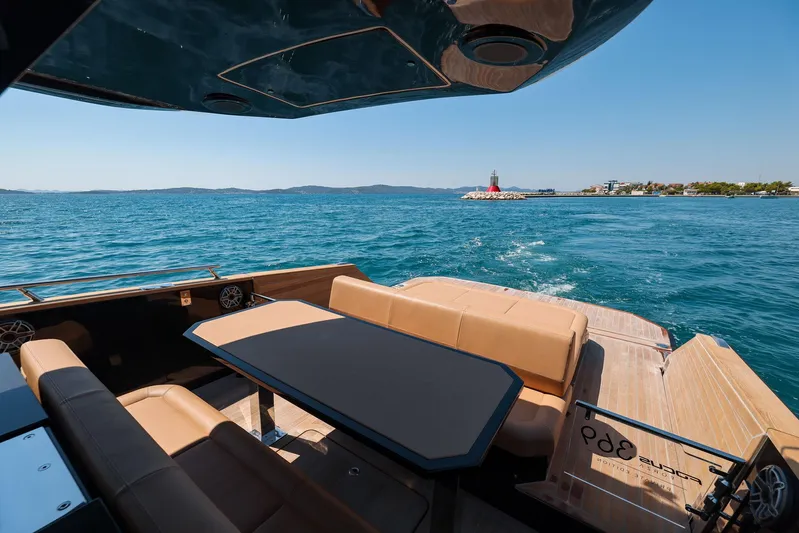  Yacht Photos Pics Luxury seating area on 2025 Focus Forza 37 yacht, overlooking serene ocean view.