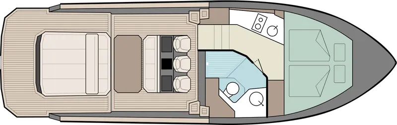  Yacht Photos Pics Floor plan of 2025 Focus Forza 37 boat, featuring cabin and seating layout.