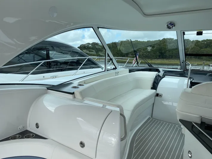  Yacht Photos Pics Interior of a 2018 Formula 45 Yacht with white seating.