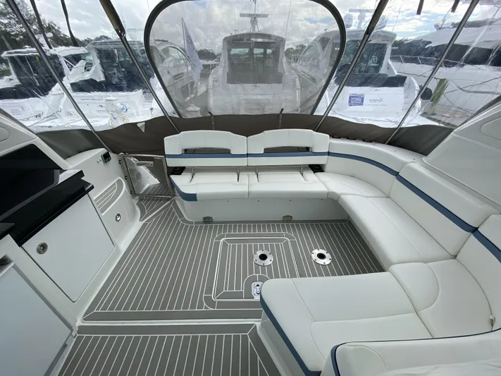 Yacht Photos Pics Interior of a 2018 Formula 45 Yacht with sleek white seating.