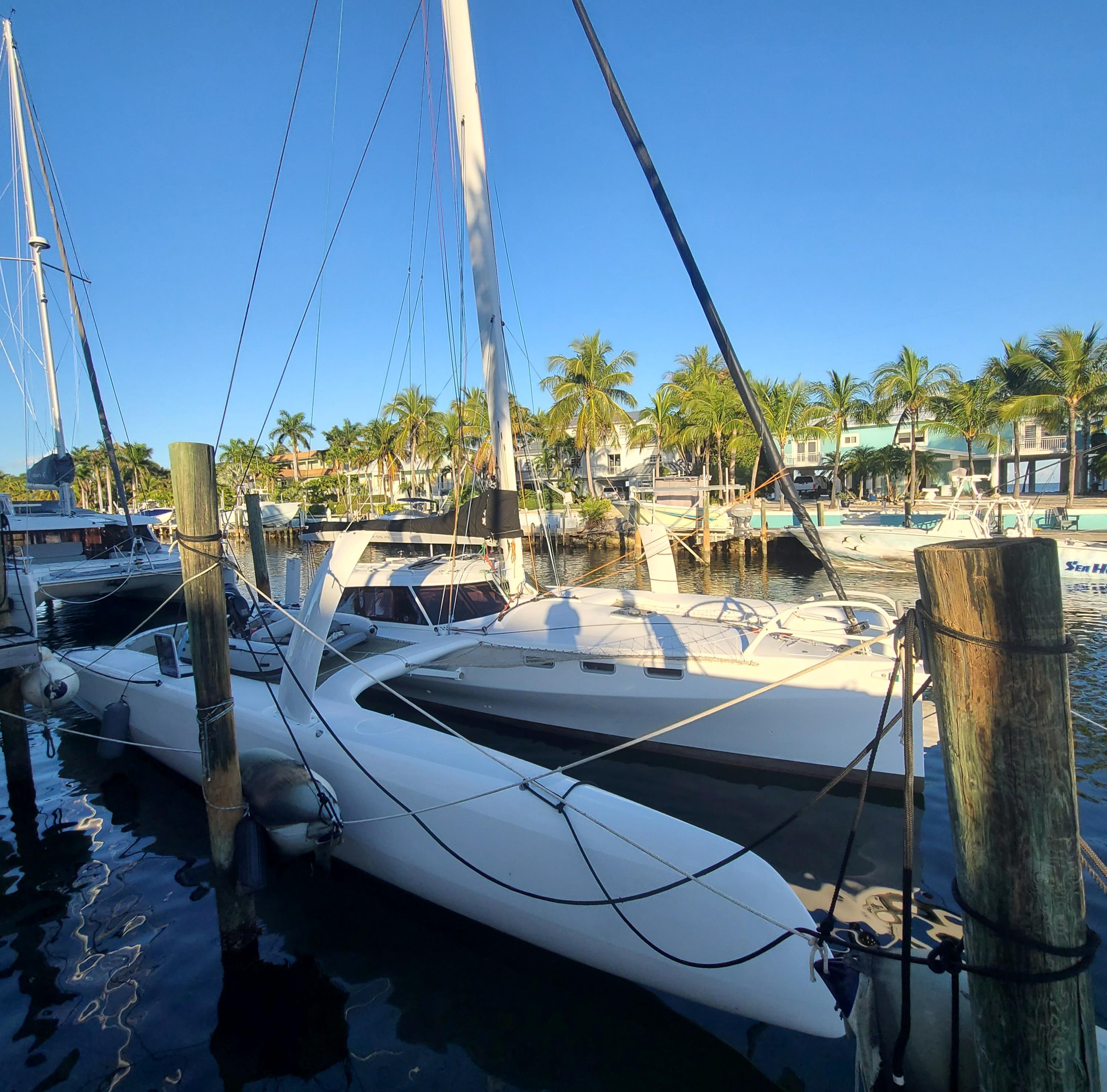 2025 Rapido 40 trimaran docked at a marina with palm trees in the background.