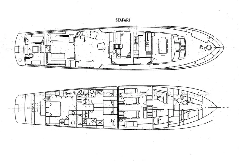 Seafari Yacht Photos Pics Floor plan of 1975 Burger Raised Pilothouse CPMY yacht, showcasing interior layout and design.
