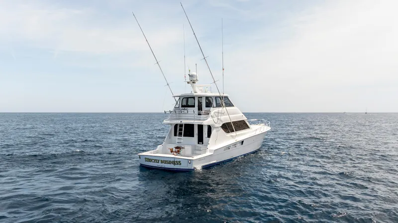 Strictly Business Yacht Photos Pics 2004 Hatteras 65 Enclosed Bridge yacht on open sea.