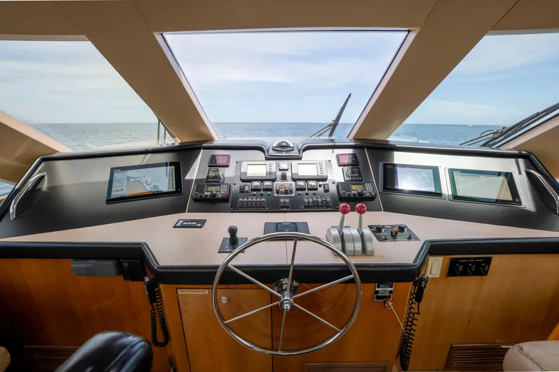 Strictly Business Yacht Photos Pics Helm of 2004 Hatteras 65 Enclosed Bridge yacht with navigation equipment and ocean view.