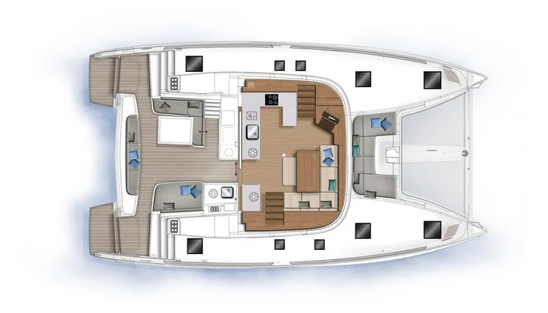 Yoff Yacht Photos Pics 2023 Lagoon 46 catamaran layout, featuring spacious deck and modern interior design.