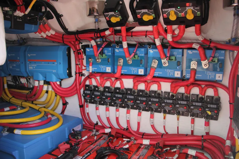  Yacht Photos Pics Electrical system of a 2025 Mag Bay 43 boat with wiring and circuit breakers.