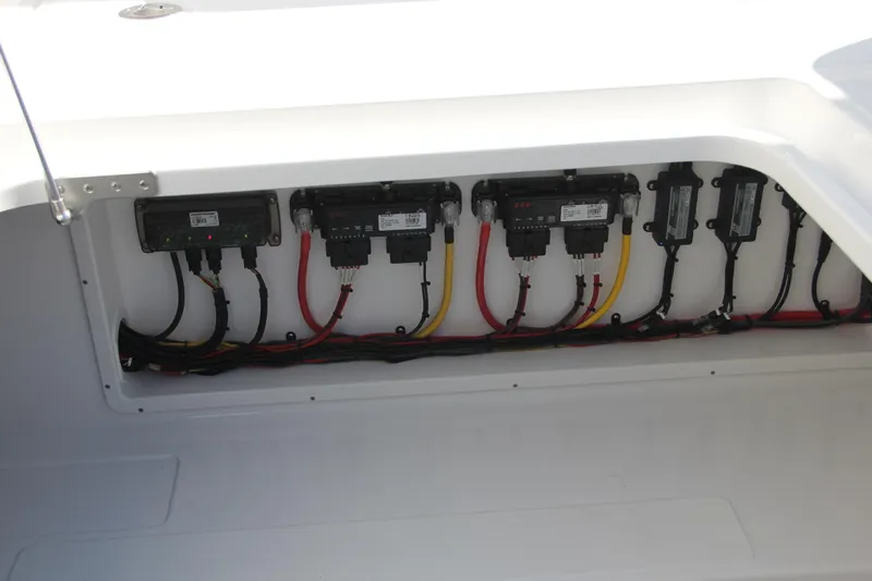  Yacht Photos Pics Electrical panel of 2025 Mag Bay 43 boat with wiring and components.