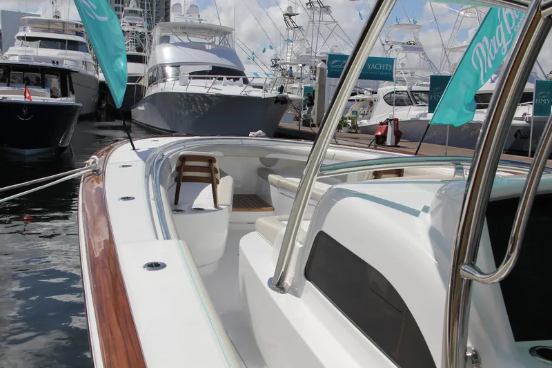  Yacht Photos Pics 2025 Mag Bay 43 yacht at marina, showcasing sleek design and luxurious features.