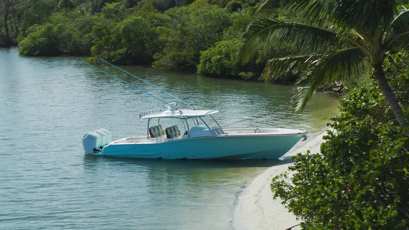 Yacht Photos Pics 2025 Mag Bay 43 boat anchored on a tropical beach with lush greenery.