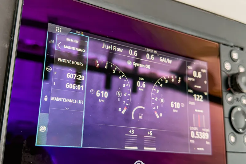  Yacht Photos Pics Digital dashboard display of a 2022 Jupiter 32 boat showing engine and fuel data.