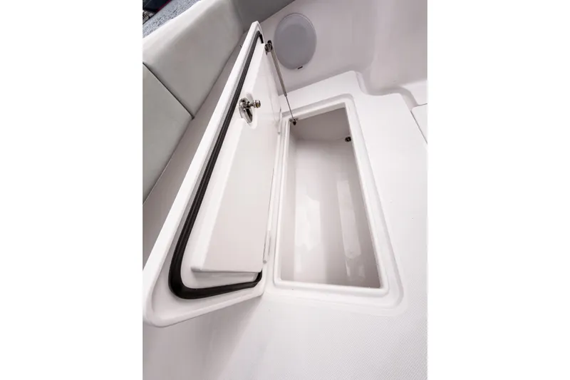  Yacht Photos Pics Open storage compartment on 2022 Jupiter 32 boat, showcasing interior space.