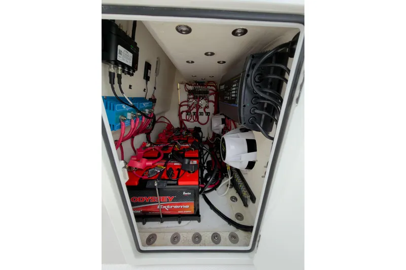  Yacht Photos Pics Electrical compartment of 2022 Jupiter 32 boat with Odyssey Extreme batteries and wiring.
