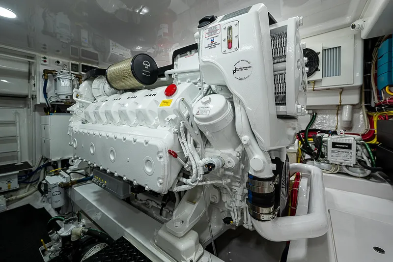  Yacht Photos Pics 2023 Viking 54 Open engine room showcasing advanced marine engine technology.