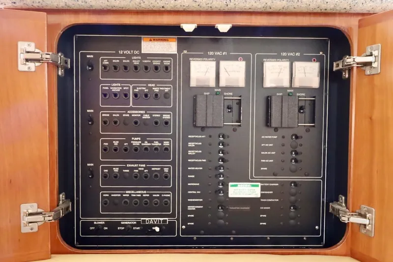 Grace Wins II Yacht Photos Pics Electrical control panel inside 2001 Carver 406 Motor Yacht, featuring various switches and meters.