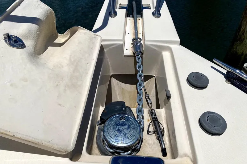 Hellion Yacht Photos Pics Anchor chain and winch on 2005 Mainship 34 Trawler deck.