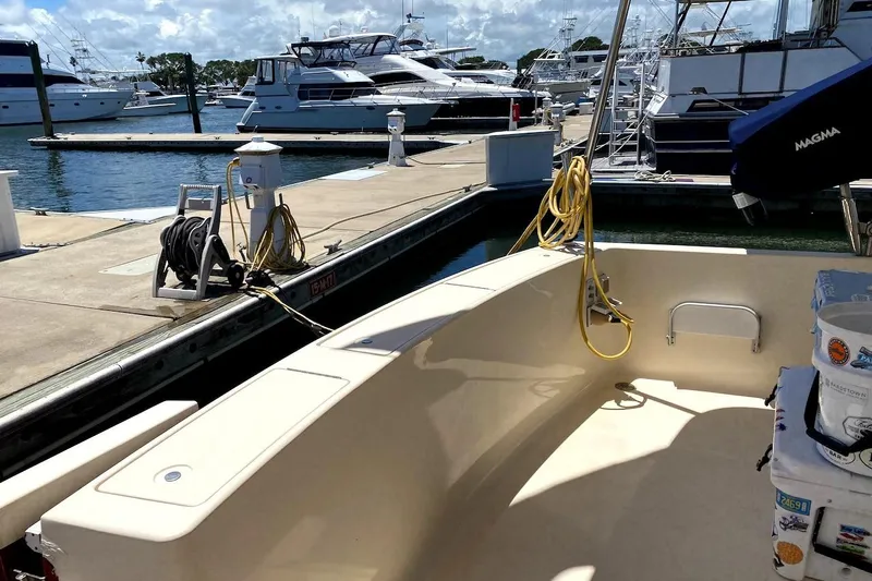 Hellion Yacht Photos Pics 2005 Mainship 34 Trawler docked at marina, surrounded by other boats.