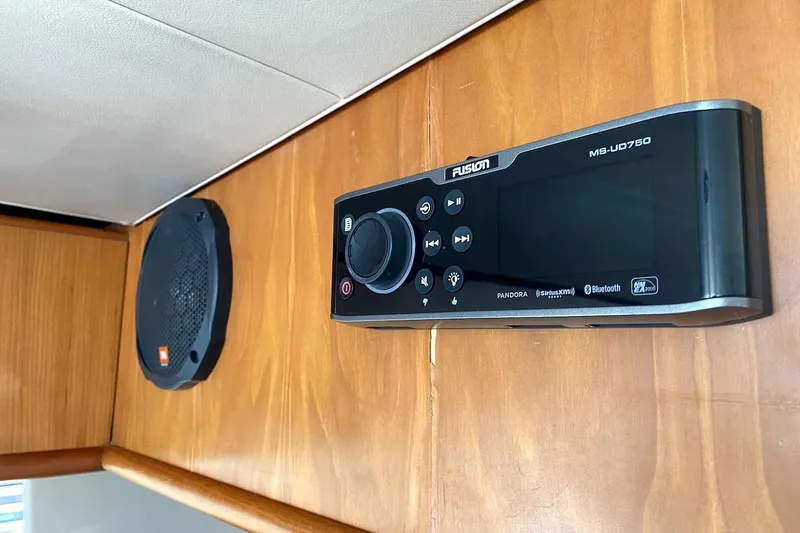 Hellion Yacht Photos Pics Fusion MS-UD750 stereo system and JBL speaker on 2005 Mainship 34 Trawler.