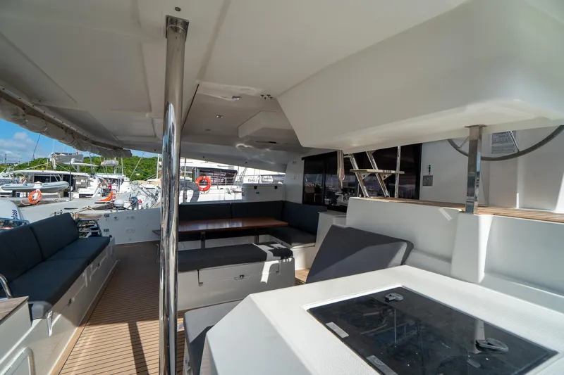 Hourglass Yacht Photos Pics 2020 Fountaine Pajot Saona 47 yacht interior with spacious seating and modern design.