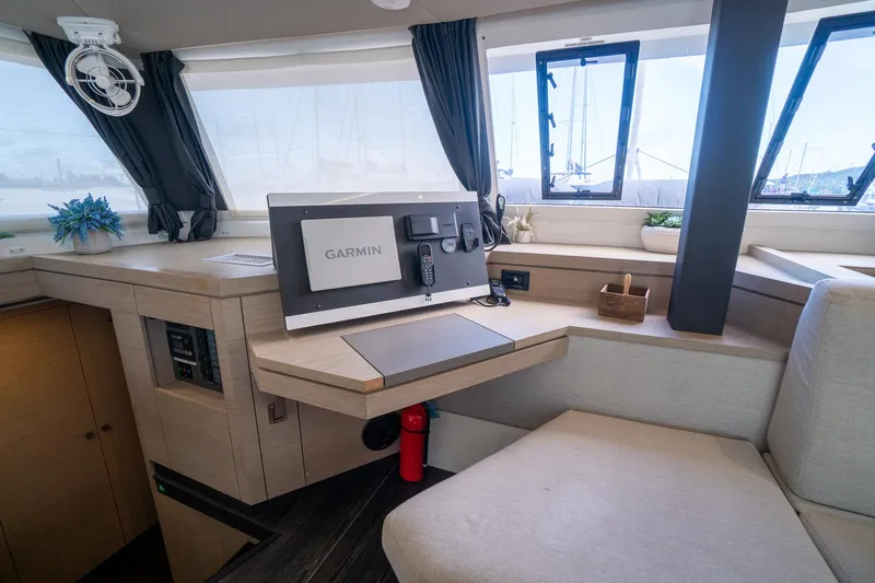 Hourglass Yacht Photos Pics Interior of 2020 Fountaine Pajot Saona 47 catamaran with Garmin navigation system.