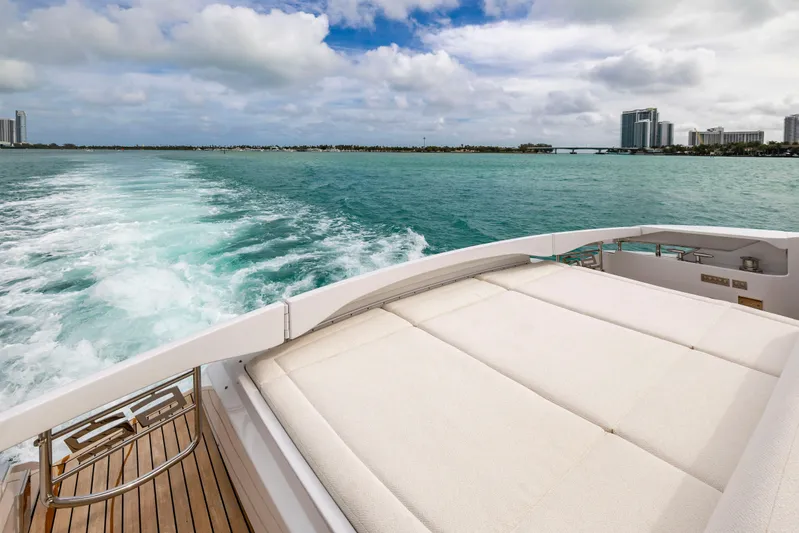 Sea Suite Yacht Photos Pics 2021 Pershing 62 yacht cruising on turquoise waters with city skyline in background.