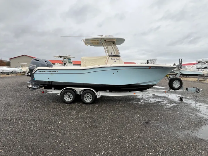  Yacht Photos Pics 2022 Grady-White Fisherman 257 boat on trailer, parked outdoors.