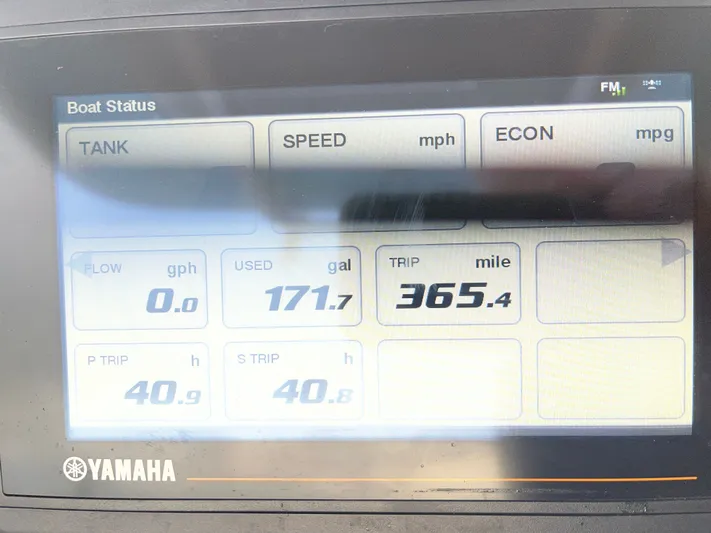  Yacht Photos Pics Yamaha boat display showing fuel usage and trip data for Grady-White Fisherman 257, 2022 model.