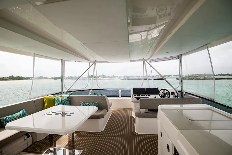 Lollypop Yacht Photos Pics Luxurious interior of 2022 Leopard 53 Powercat yacht with ocean view.