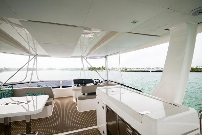 Lollypop Yacht Photos Pics Luxurious interior of 2022 Leopard 53 Powercat yacht with modern seating and ocean view.