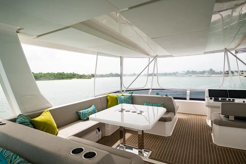 Lollypop Yacht Photos Pics Luxurious interior of 2022 Leopard 53 Powercat yacht with elegant seating and scenic views.