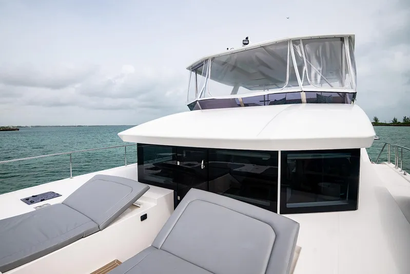 Lollypop Yacht Photos Pics 2022 Leopard 53 Powercat yacht with sleek design and spacious deck, cruising on open water.