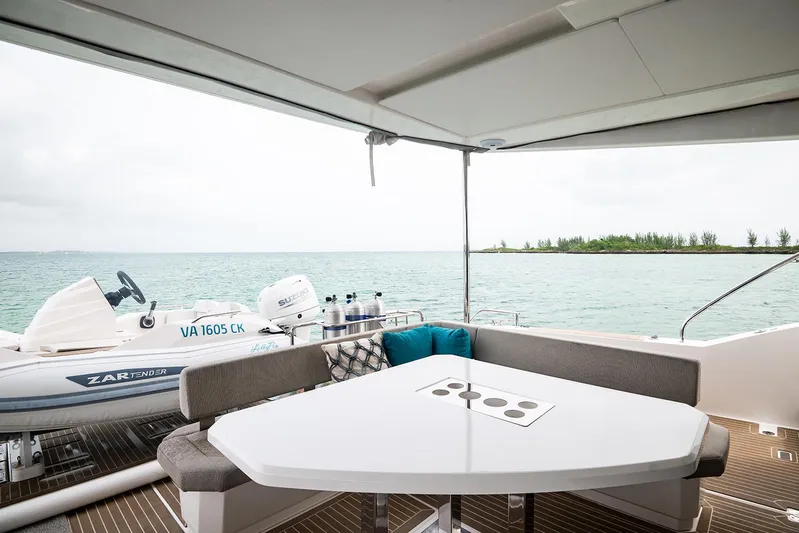 Lollypop Yacht Photos Pics Leopard 53 Powercat 2022 yacht interior with ocean view and tender boat.