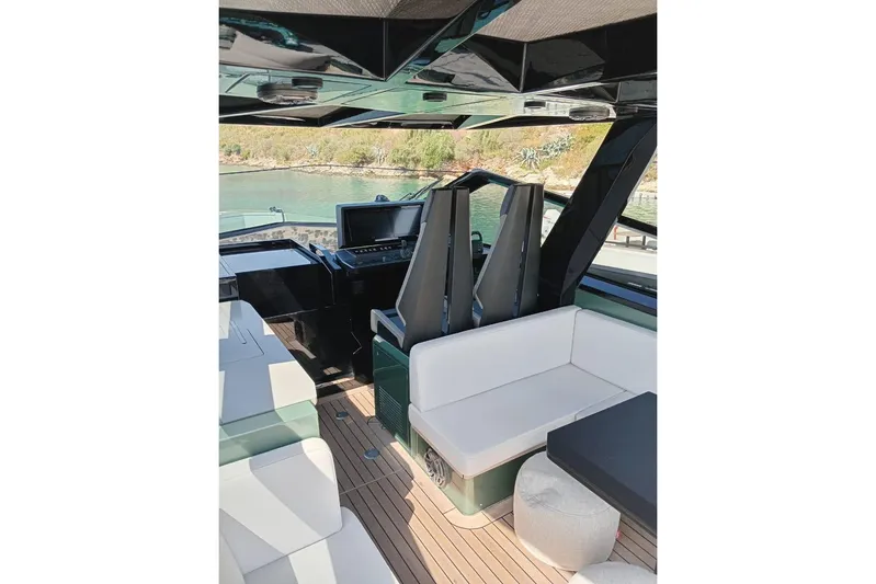  Yacht Photos Pics Interior of 2025 Wally Tender 43 yacht with modern seating and navigation area.