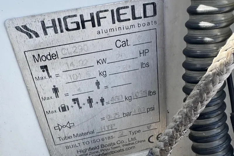 Medicinal Yacht Photos Pics Highfield aluminum boat specifications plate with model, capacity, and weight details.