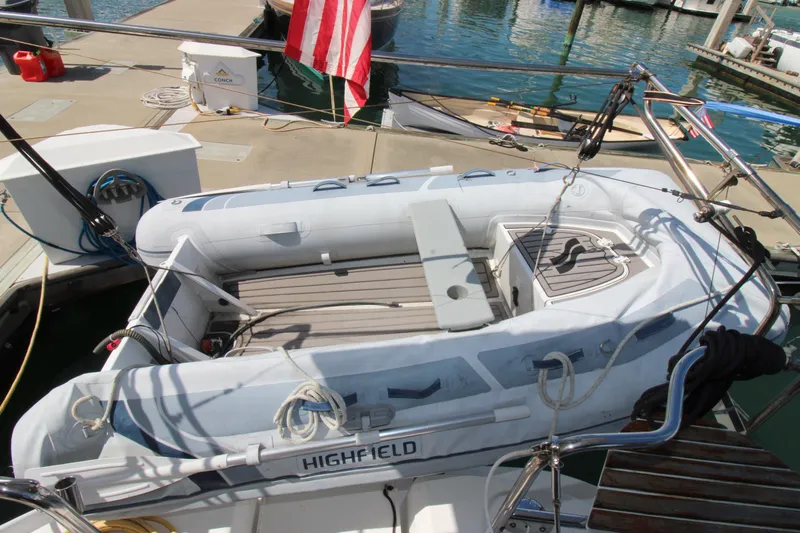 Medicinal Yacht Photos Pics Inflatable boat on Hunter 410 yacht, docked at marina, 2002 model.