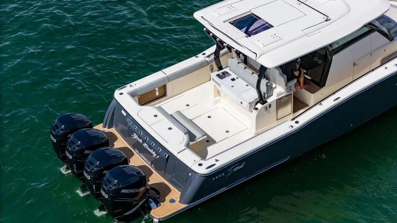  Yacht Photos Pics 2020 Scout 380 LXF boat with four Mercury engines on water.