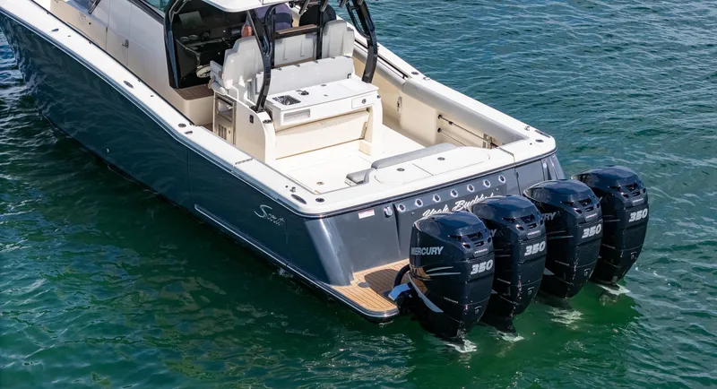  Yacht Photos Pics 2020 Scout 380 LXF boat with four Mercury 350 engines on water.