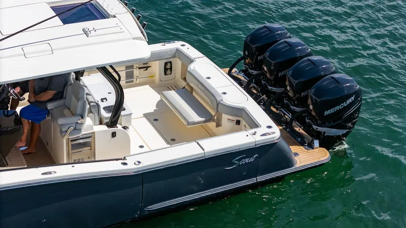  Yacht Photos Pics 2020 Scout 380 LXF boat with triple Mercury engines on water.