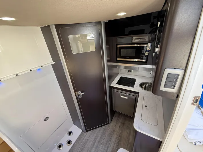 Yacht Photos Pics 2020 Scout 380 LXF cabin interior with kitchenette, featuring microwave, sink, and modern design.